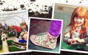 Montage of images - children in a greenhouse, a colourful shoe and a girl handling soil.