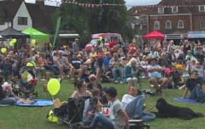 Lots of people siting on grass enjoying a music festival and picnic