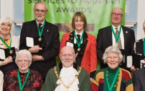 Mayor with group of 11 winners of Services to Farnham awards.