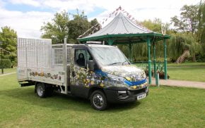 Work van decorated in flowery vinyl.