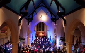 Interior of church, congregation and choir