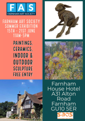 Event poster featuring a sculpture of a hare and a photo of the Farnham House Hotel