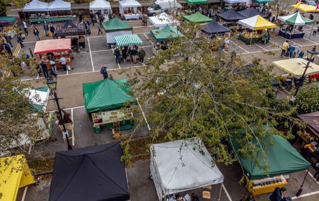 Aerial view of rows of different coloured market stalls in a car park