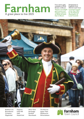 Front cover of a residents' guide showing a town crier.